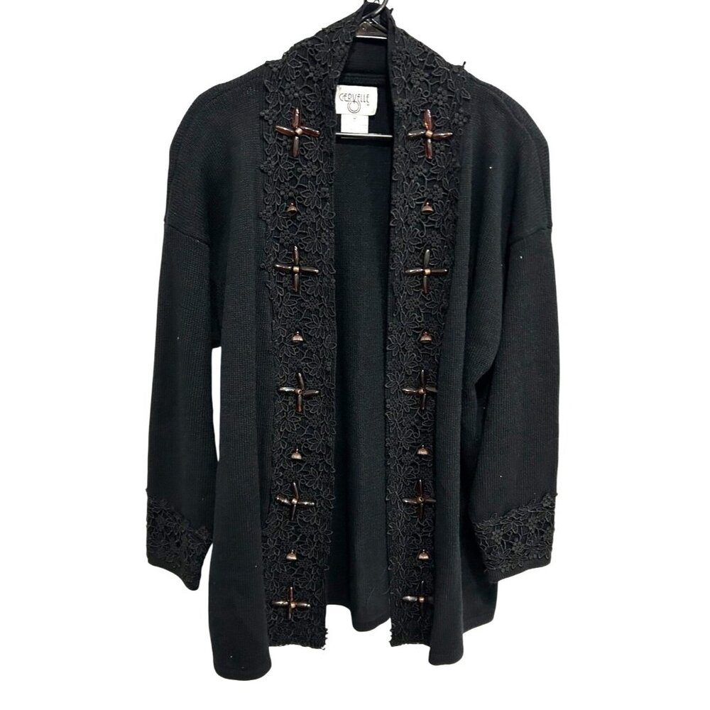 Black Open Front Cardigan Sweater Decorative Buttons Lace Trim Cervelle Sz Mediu